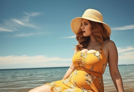 Plus size woman on sea beach on vacation .Copy space for textの素材