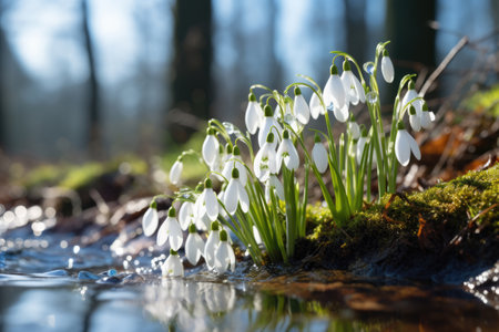 Beautiful flowers snowdrops in spring forestの素材