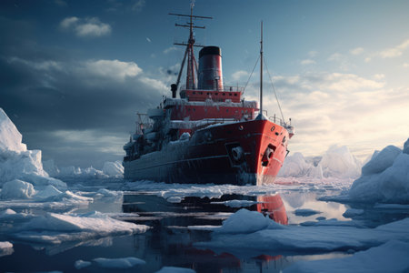 Red icebreaker cruise on sea iceの素材