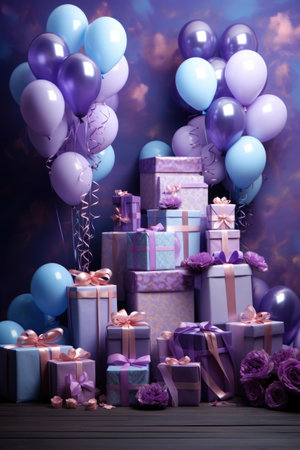 Wrapped gifts and balloons in purple colorsの素材