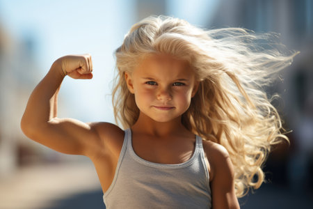 Little muscular girl bodybuilder shows bicepsの素材