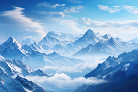 Snowy landscape, mountain valley with blue skyの素材