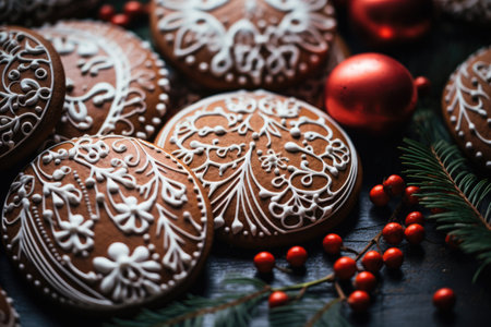 Decorated homemade gingerbread on the tableの素材