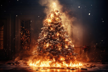 Burning christmas tree, fire safety concept, electrical wiring short circuit or candles burningの素材