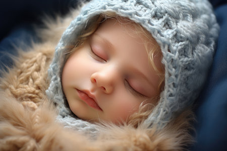 Cute baby sleeps wrapped up in bedの素材