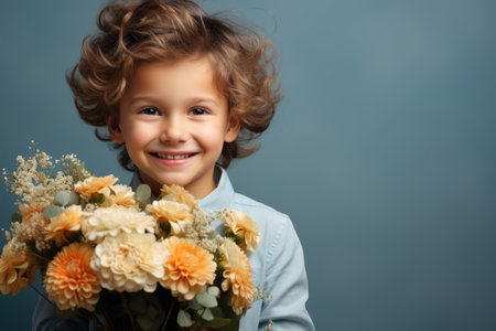 Boy holding a huge bouquet of flowersの素材