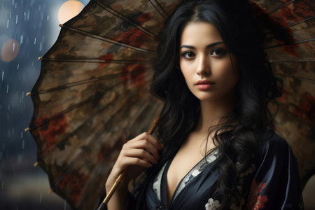 Beautiful Asian girl in traditional dress costume with umbrellaの素材