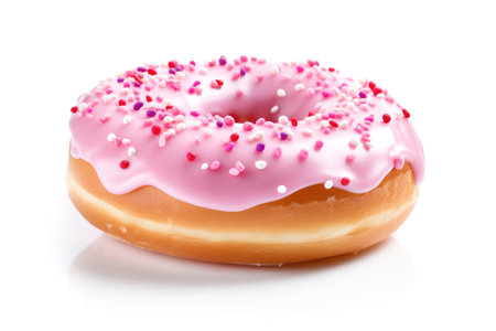 Glazed donut with sprinkles close-up on white backgroundの素材