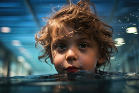 little child boy swim in poolの素材