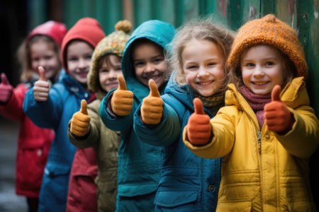 group of children in colored clothes show a thumbs upの素材