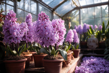 Hyacinths in commercial greenhouse, flower businessの素材