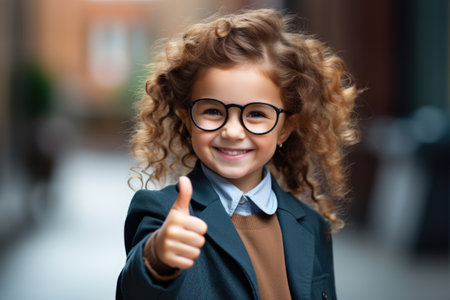 Cheerful girl in glasses shows thumbs up gestureの素材