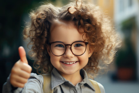 Little girl in glasses shows like thumbs up gesture, vision correction conceptの素材