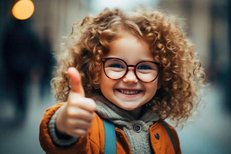 Cheerful child schoolgirl in glasses shows thumbs up gestureの素材