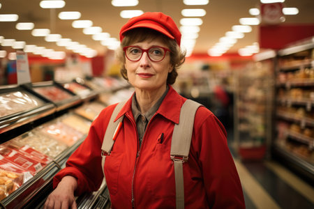 Woman in uniform worker in a supermarketの素材