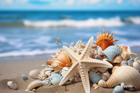 Starfish and seashells on the shore, seaside vacation conceptの素材