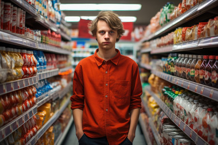 Young male worker in a store near a supermarket shelfの素材