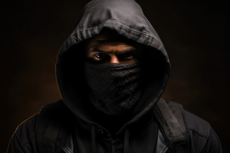 Criminal in black mask balaclava and hoodieの素材