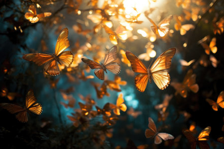 Beautiful fluttering colored butterflies in sunlightの素材