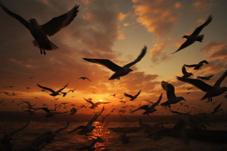Silhouettes of seagulls flying over a pond at sunsetの素材