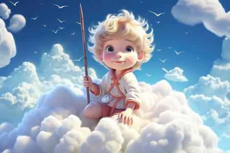 Cupid in the sky on a cloud, Valentine's Day greeting card or bannerの素材