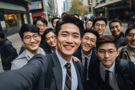 Selfie of cheerful Asian businessmen in suitsの素材