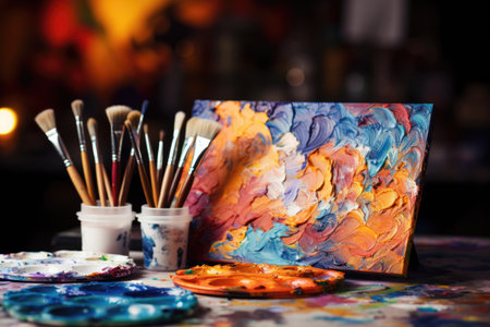 artist paintbrushes and palette with paintsの素材