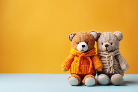 Colored crochet knitting cute bear toys. Copy space for textの素材