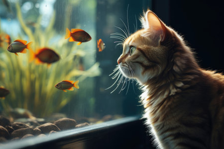 cat sits near the aquarium and looks at the fishの素材