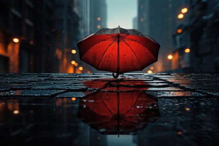 Umbrella on the ground on a rainy autumn day, concept of loneliness, melancholy and depressionの素材