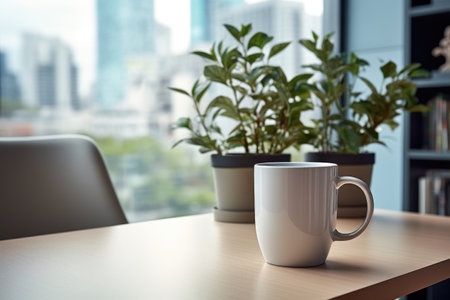 Cup on table in office, coffee break conceptの素材