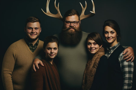 man with deer horns in a family photo, the concept of adulteryの素材