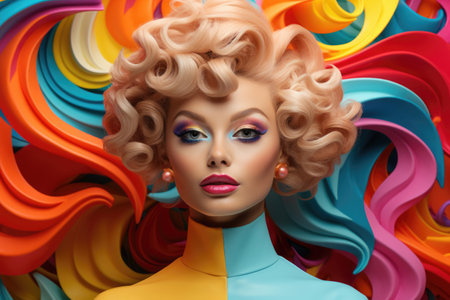 Stylish woman with bright makeup on a colored backgroundの素材