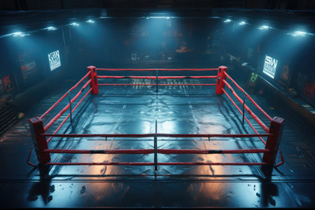 boxing ring with illumination by spotlightsの素材