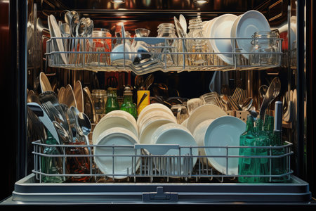 Plates and dishes in an open dishwasherの素材