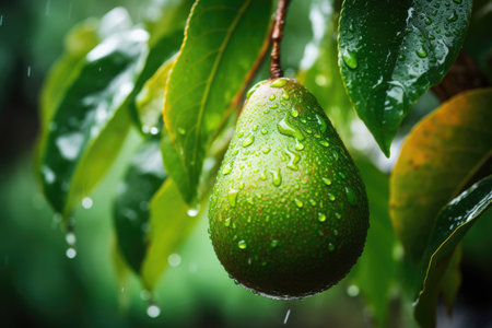 Ripe avocado growing on a branchの素材