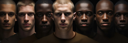 Young men of different races stand in a row. horizontal bannerの素材