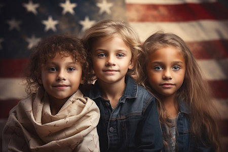 Children on the background of the American flag, flag day, independence, patriotism conceptの素材