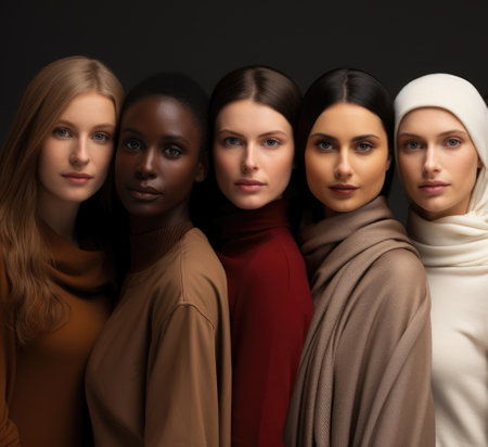 beautiful women ladies of different races standing in rowの素材