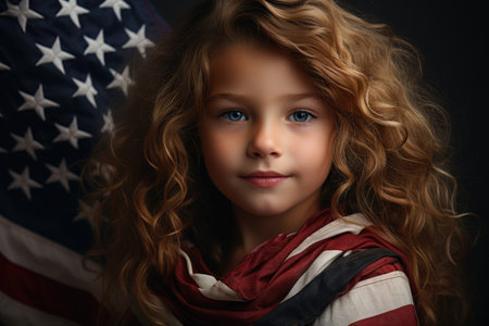 young girl against the backdrop of a waving American flagの素材