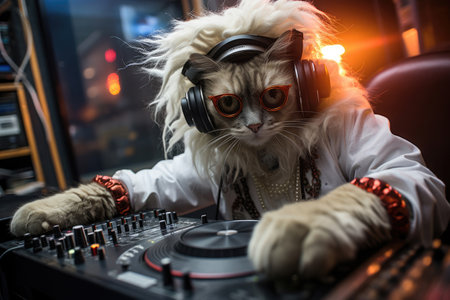 Cute cat DJ play music in a nightclubの素材
