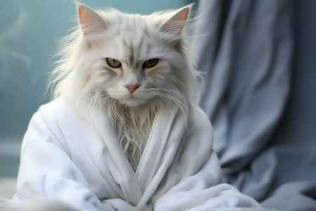 Arrogant pet cat in a bathrobe after a showerの素材