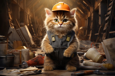 Funny cat builder engineer in hard hatの素材