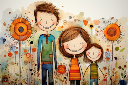 Friendly family with mom dad and children in children's drawing styleの素材