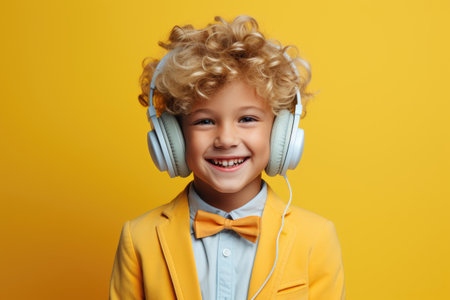 Positive boy in headphones on yellow backgroundの素材