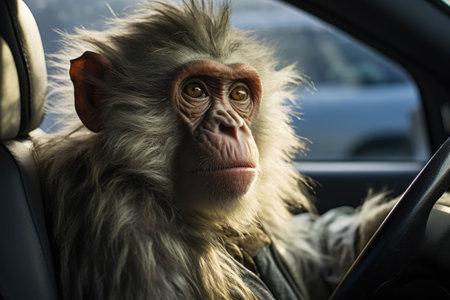 Serious monkey driving a carの素材