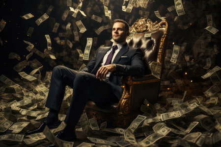 rich man sits in a chair among mountains of moneyの素材
