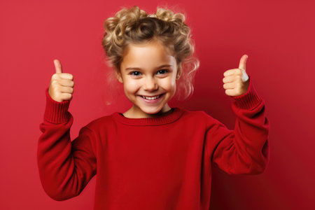 girl in a red sweater on a red background shows a thumbs upの素材