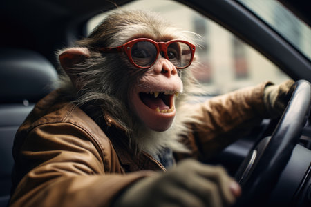 monkey driving a car, holding the steering wheelの素材