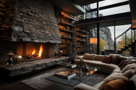 living room interior with fireplaceの素材